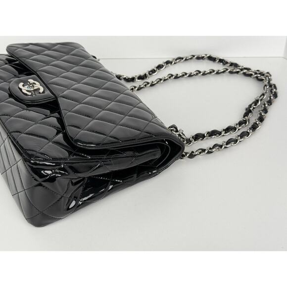 Chanel Patent Quilted Jumbo Single Flap Bag Black with Silver Hardware B-2 - Picture 7 of 16